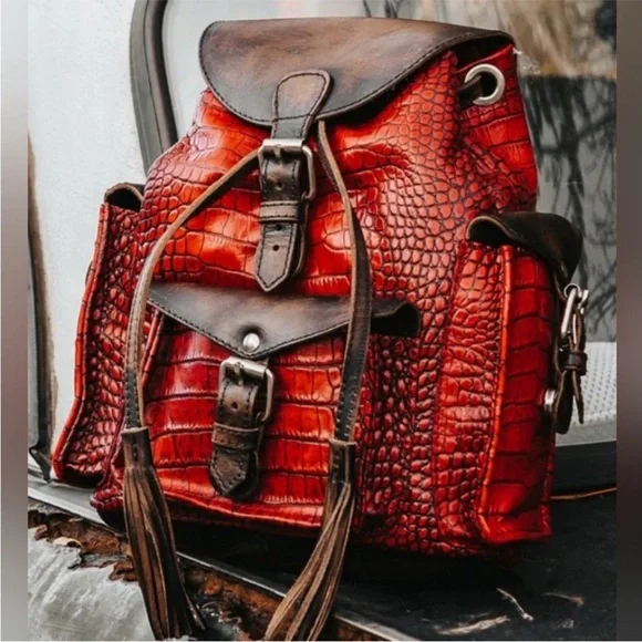 FREEBIRD BY STEVEN Brett Red Crocodile Backpack Leather Bag - Picture 2 of 7